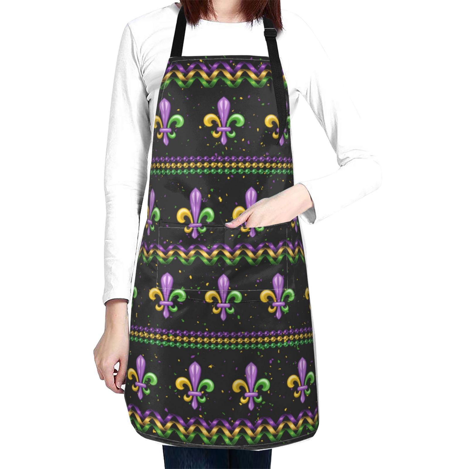 Kdxio Mardi Gras Fleur de Lis Apron with Pockets Adjustable Kitchen Aprons for Men Women Waterproof Aprons for Cooking,Drawing,Crafting, Baking Household Cleaning