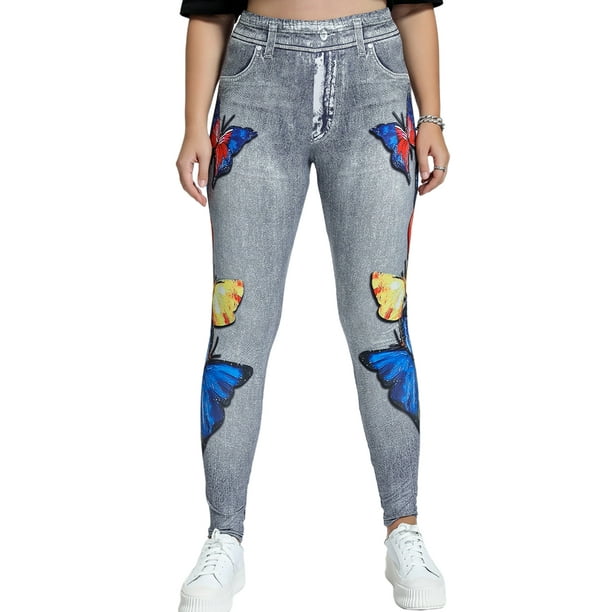 Sexy Dance Ladies Plus Size Look Print Leggings Butterfly Printed Denim  Jeggings Elastic Waisted Fake Jeans Slim Fit Pencil Pants Tummy Control  Trousers Printed 4XL 