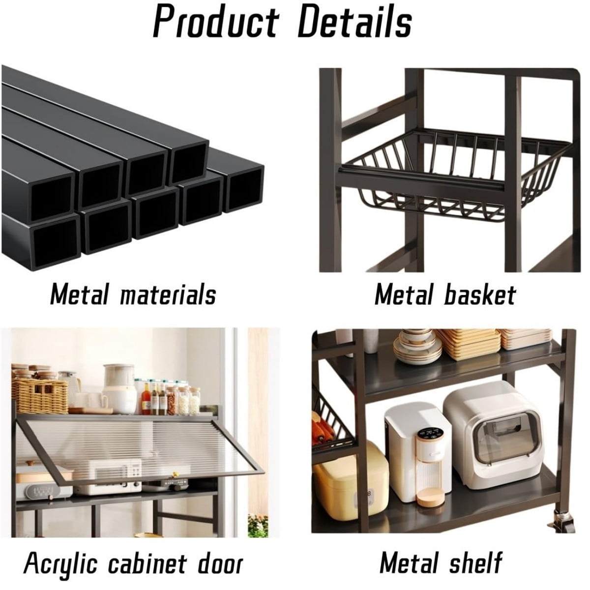 Rolling Kitchen Island, 4-Tier Kitchen Storage Cart with Dust-Proof Cabinet, 2 Removable Mesh Baskets, 360° Wheels, Slim Organizer Rack