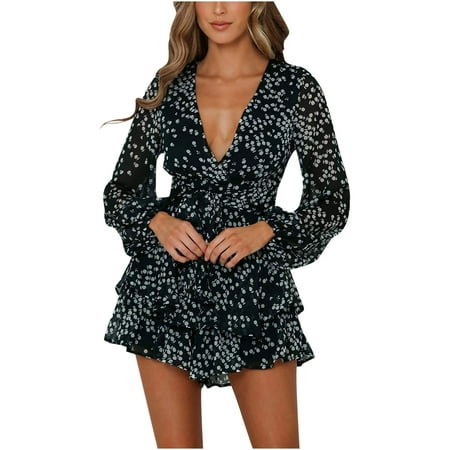

Womens Boho Printed Beach Jumpsuits Deep V Neck Long Sleeve Bandage Knot Ruffle Hem Floral Rompers Sexy Summer Romper Casual Short Jumpsuits Wedding Party Elegant Dressy One Piece Pants A-1063