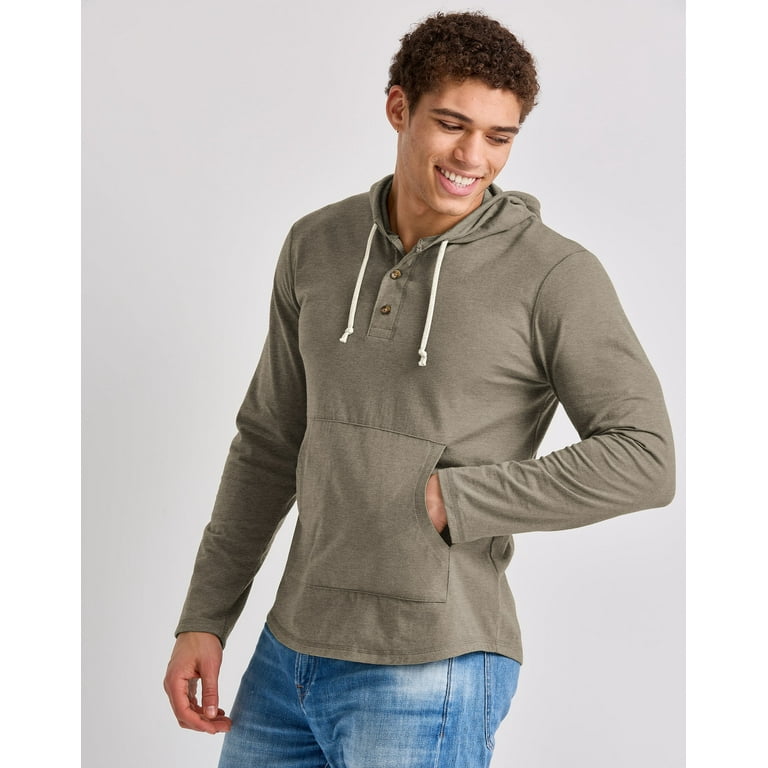 Hanes Men s Originals Hoodie Lightweight Hooded Sweatshirt Henley Collar Sizes S 3XL