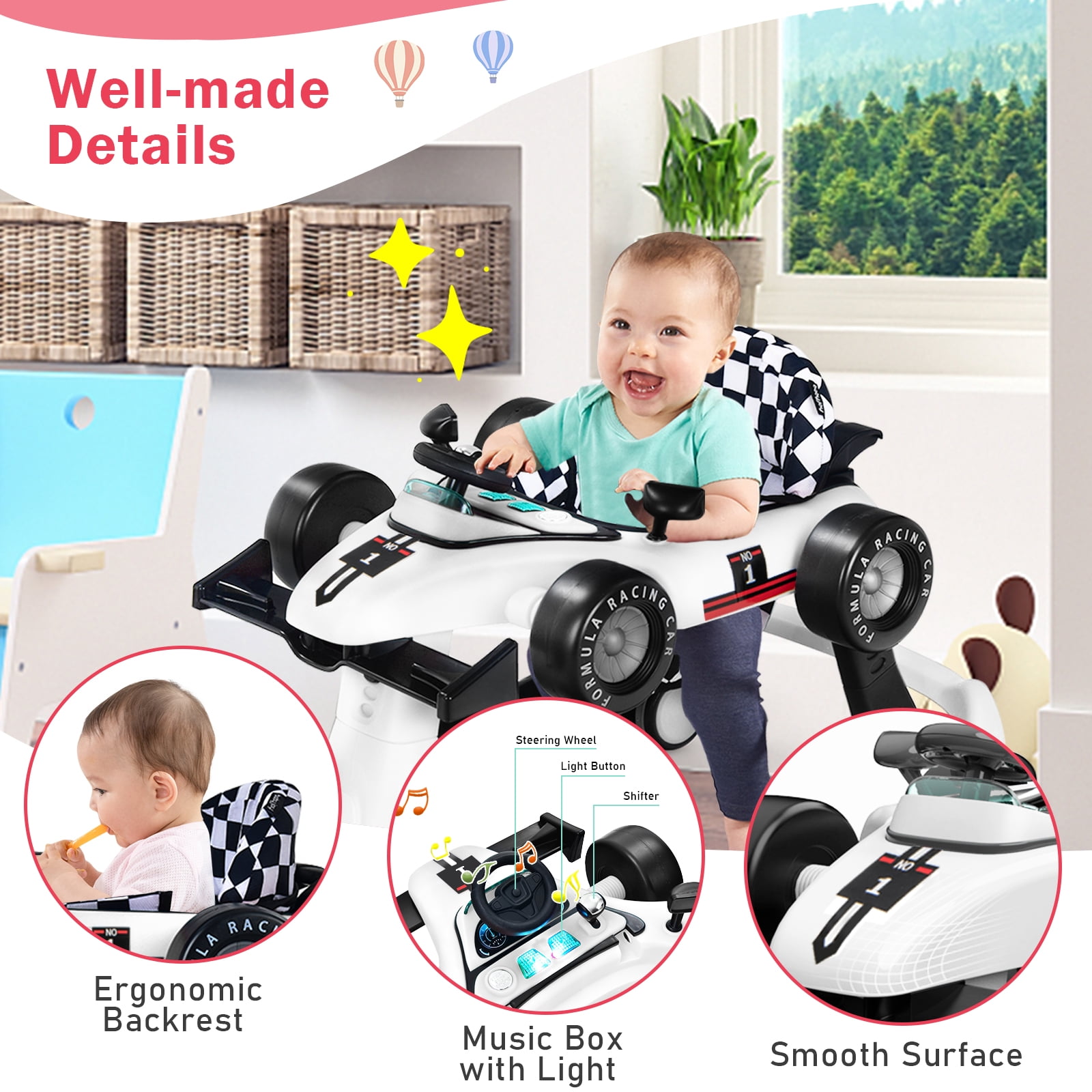 Infans 4-in-1 Baby Walker Foldable Activity Push Walker Adjustable White