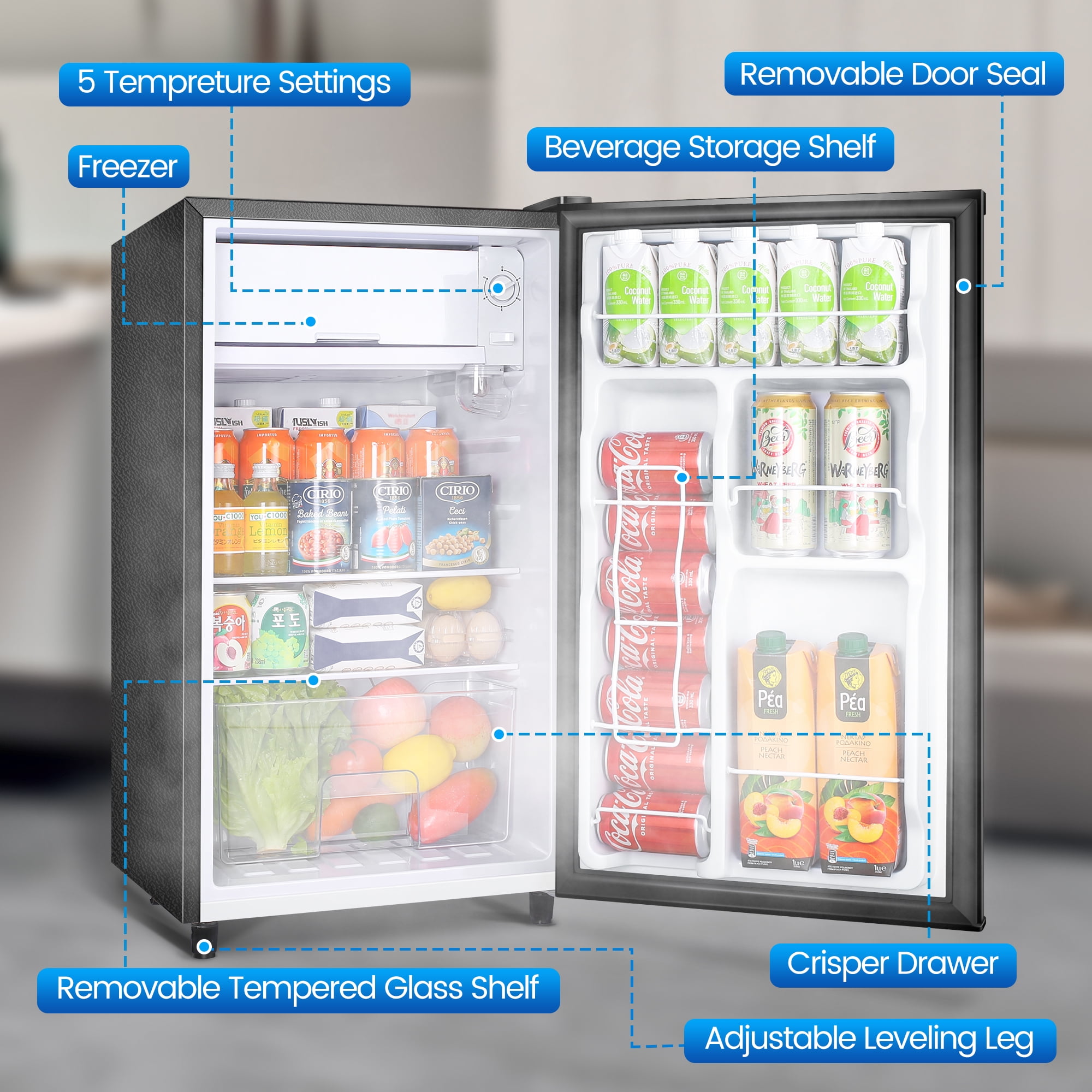 WANAI 3.2 cu.ft Adjustable Temp Single Door Mini Fridge, Black