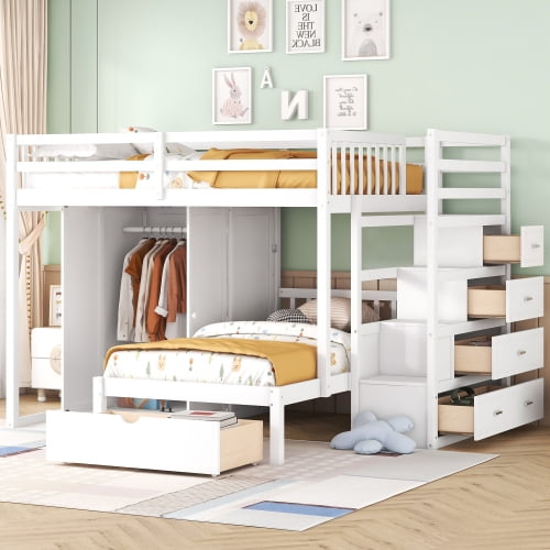 Full Over Twin Bunk Bed with Wardrobe and Drawers, Solid Wood Staircase Storage with Footboard Drawer for Bedroom, White