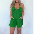 thumbnail image 2 of Lovskoo Romper for Women 2024 Summer Halter Neck Spaghetti Strap Jumpsuits Sleeveless Ruched Short Jumpsuit with Pocket Green M, 2 of 7