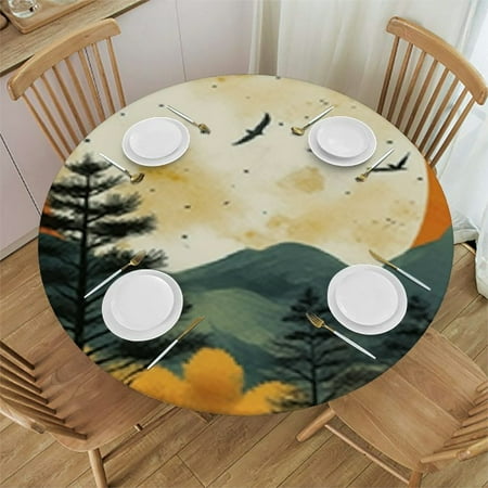 

YANMS Trees Birds Moon Round Tablecloth 100% Polyester Fiber Home Decor 46-50