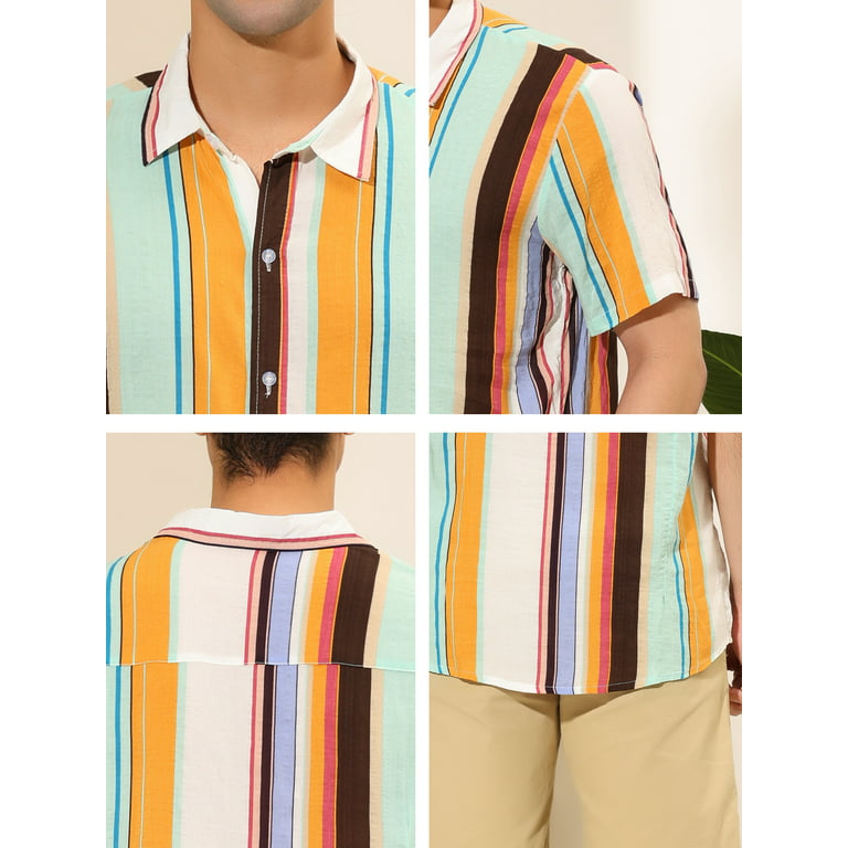 Lars Amadeus Men's Color Block Short Sleeved Irregular Vertical Striped  Shirt