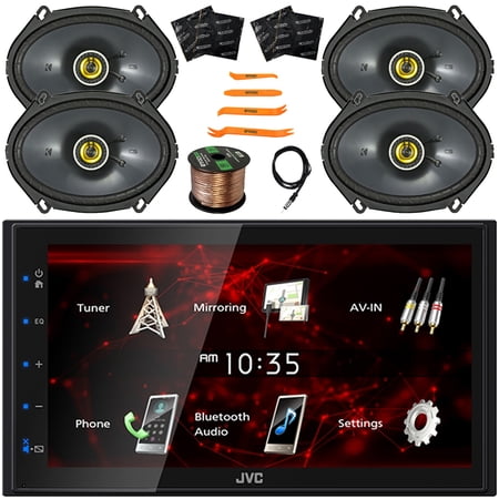 JVC KW-M180BT Double DIN 6.8" Capacitive Touchscreen Bluetooth USB Digital Multimedia Stereo Receiver, 4x 6x8" 225W Max 2-Way Car Speakers, Antenna, Wire + 4x Sound Deadener Material & Pry Tool Set