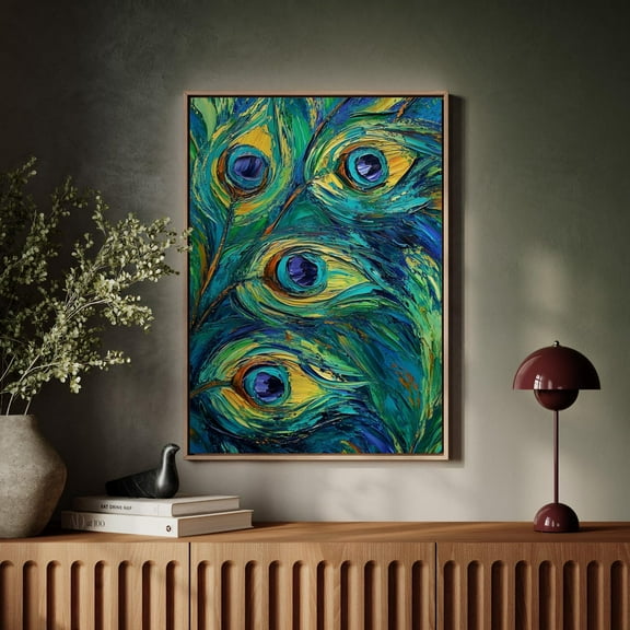 Elegant Peacock Feather Abstract Art - Bold Brushstroke Texture In Vibrant Green, Blue, And Gold - Luxurious Wall Decor Wall Art, Modern Wall Decor, 8x12 UNFRAMED
