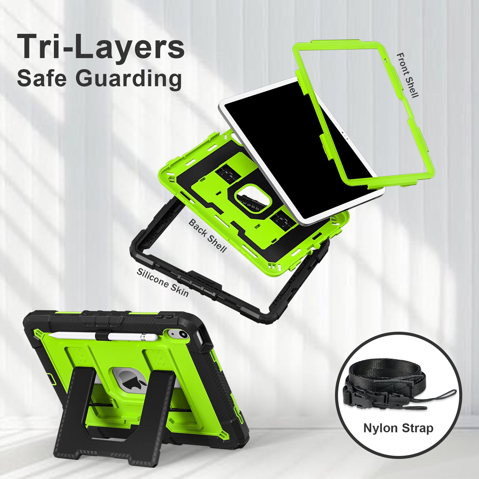 Allytechgroup Rugged Case for Apple iPad 9th 8th 7th Generation 10.2 inch 2021/2020/2019, Heavy Duty Protective Tablet Case with Kickstand, Pencil Holder & Detachable Shoulder Strap, Black+Green