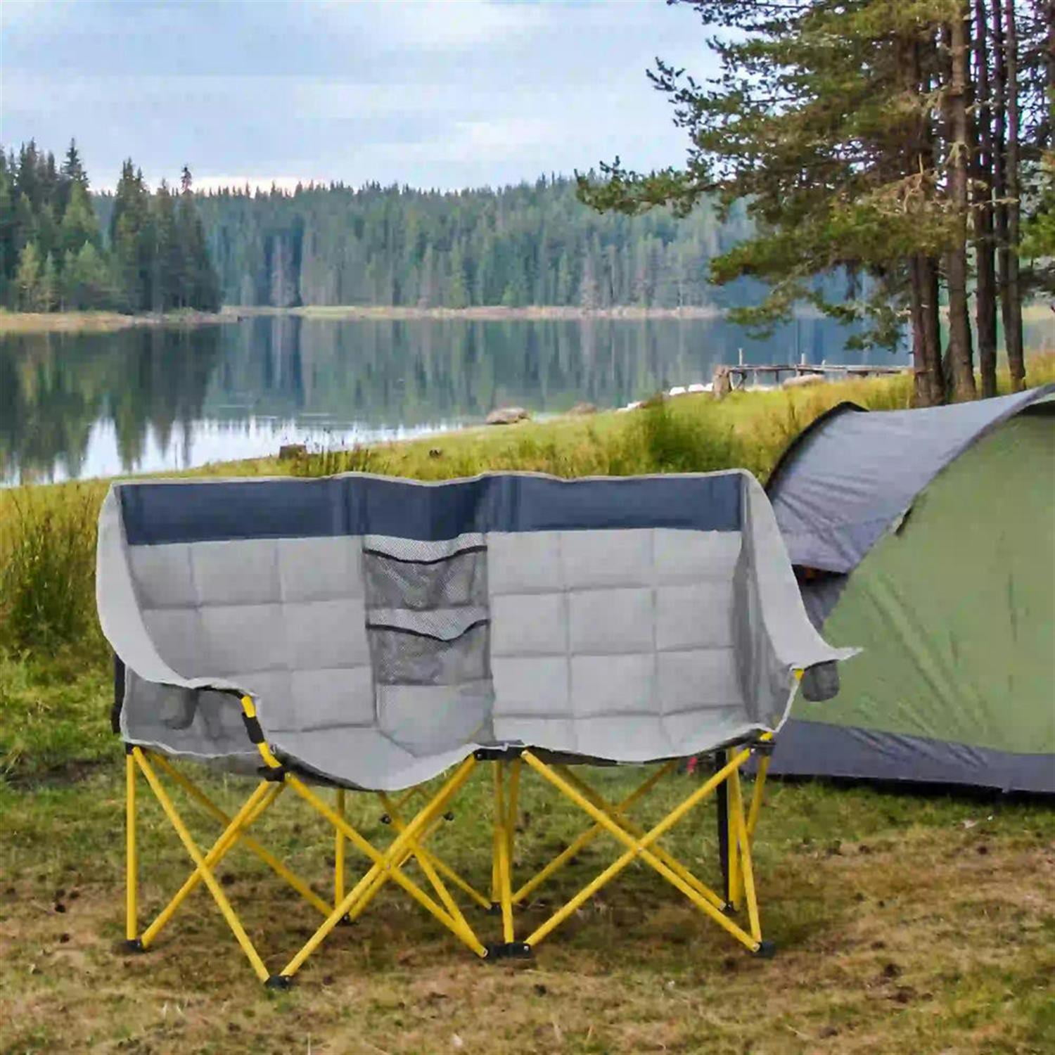 Demi Bonn Outdoor Loveseat Style Portable Folding Chair, Oversized Camping Seat with Bag & Cup Holders for Beach, Picnic, Hiking, Travel, Blue