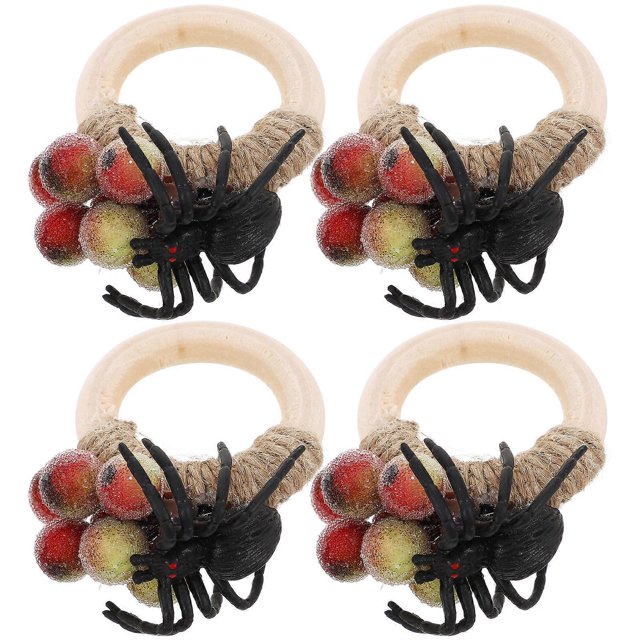 Halloween Spider Napkin Rings Unique Serviette Ring for Dining Table Decor Red Color Wood Twine Plastic 6 Pieces