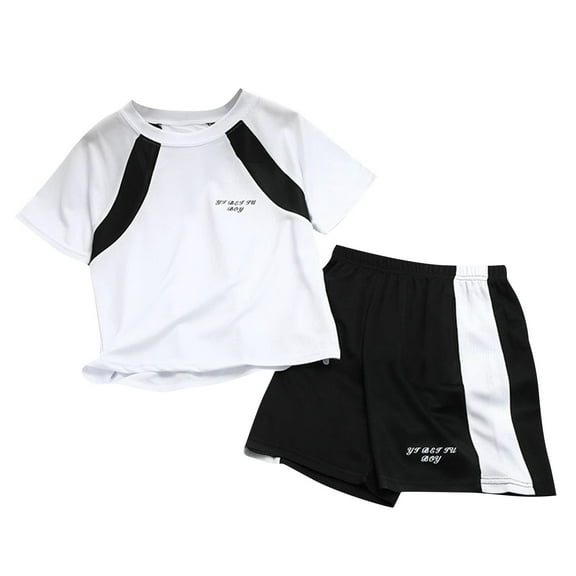 NaWent Up to 30% off Boys Summer Outfits Short Sleeved Round Neck T-shirt Shorts 2-piece Set Sports and Leisure Set White 14 Years