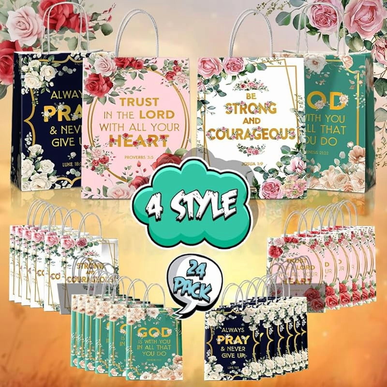 20packs Religious Party Favors Bags with Handles, Inspirational Flower Christian Goodie Gift Kraft Paper Bags with 4 Different Types for Women Girls Birthday Wedding Baptism Easter Day Spring Party
