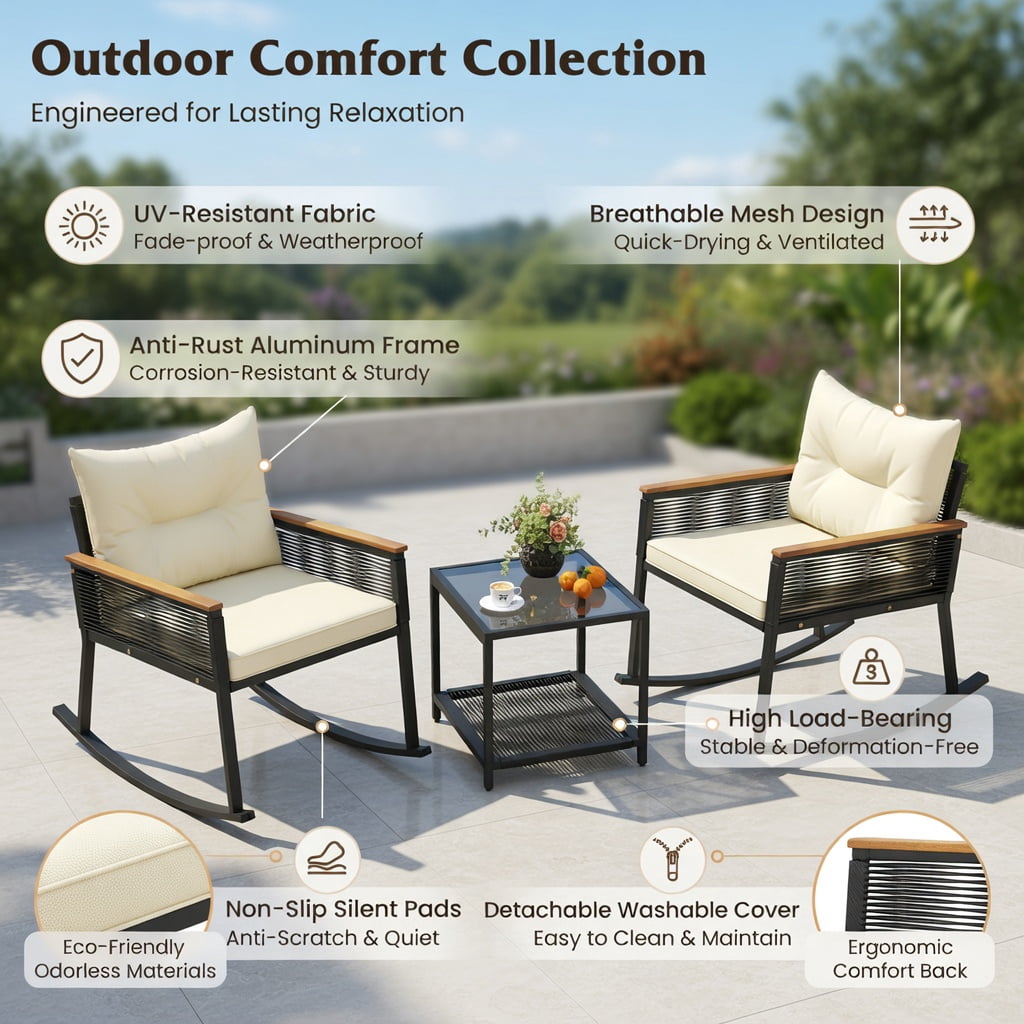 Hommoo 3-Piece PE Rattan Outdoor Rocking Bistro Set with Cushions, Tempered Glass 2-Tier Coffee Table & Acacia Wood Armrests for Patio, Porch, or Garden, Black