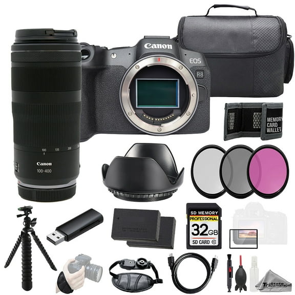 Canon EOS R8 Camera   RF 100-400mm f/5.6-8 IS USM Lens  32GB   Ext Bat  3 PC Filter- Kit (International Version)