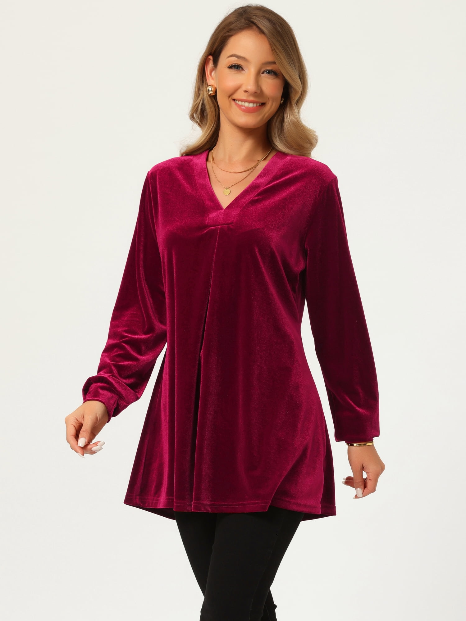 DARING DIVA Women's Velvet Top V Neck Long Sleeves Loose Blouse L Red