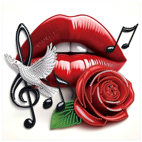 5D DIY Diamond Painting Kit Sensual Red Lips and Rose Special Shape Creative Diamond Craft Suitable for Home and Office Decor, Festive Gifts