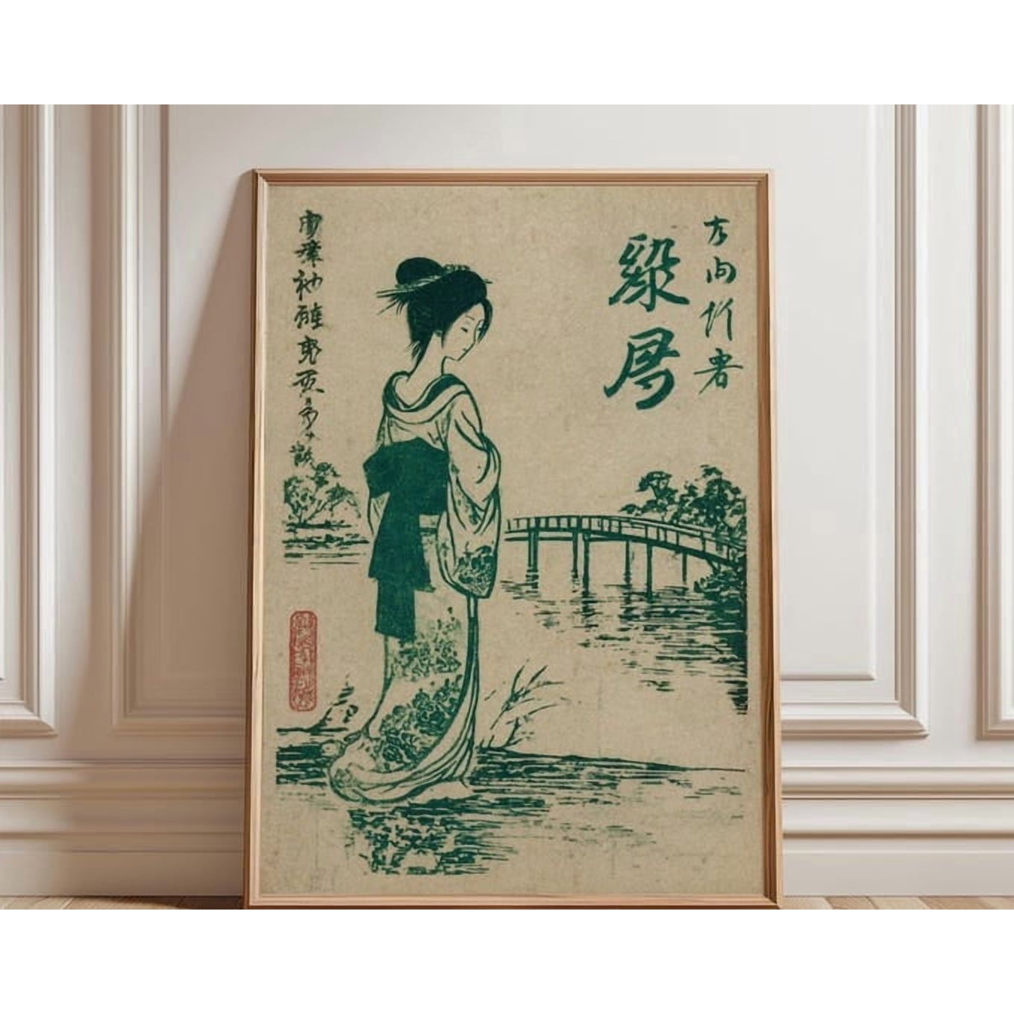 Japanese Geisha By Riverside Green Kimono Figure Arched Bridge Vintage Wall Art Home Decor Office Wall Art