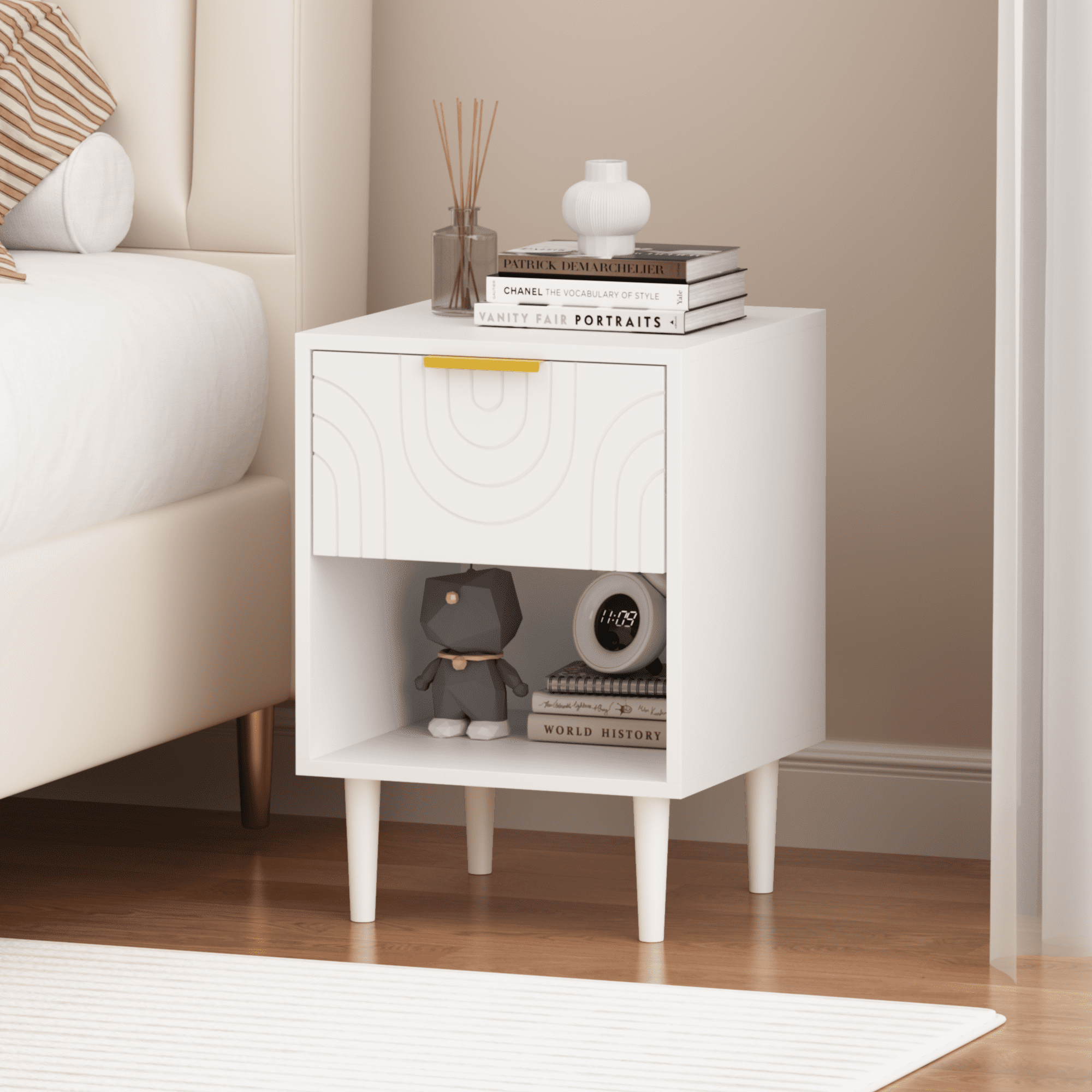 Modern White Nightstand with One Drawer and Open Shelf Ideal for Bedroom Decor