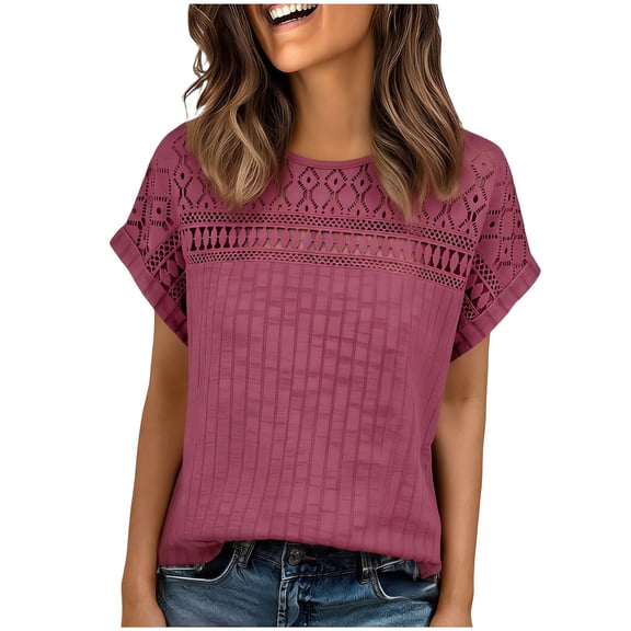 Staron Women's Casual Loose V-Neck T-Shirt Top Vintage Fashion Blouse with Lace Panels Short Sleeve Comfy Relaxed Spring Summer Shirt, Hot Pink XXL
