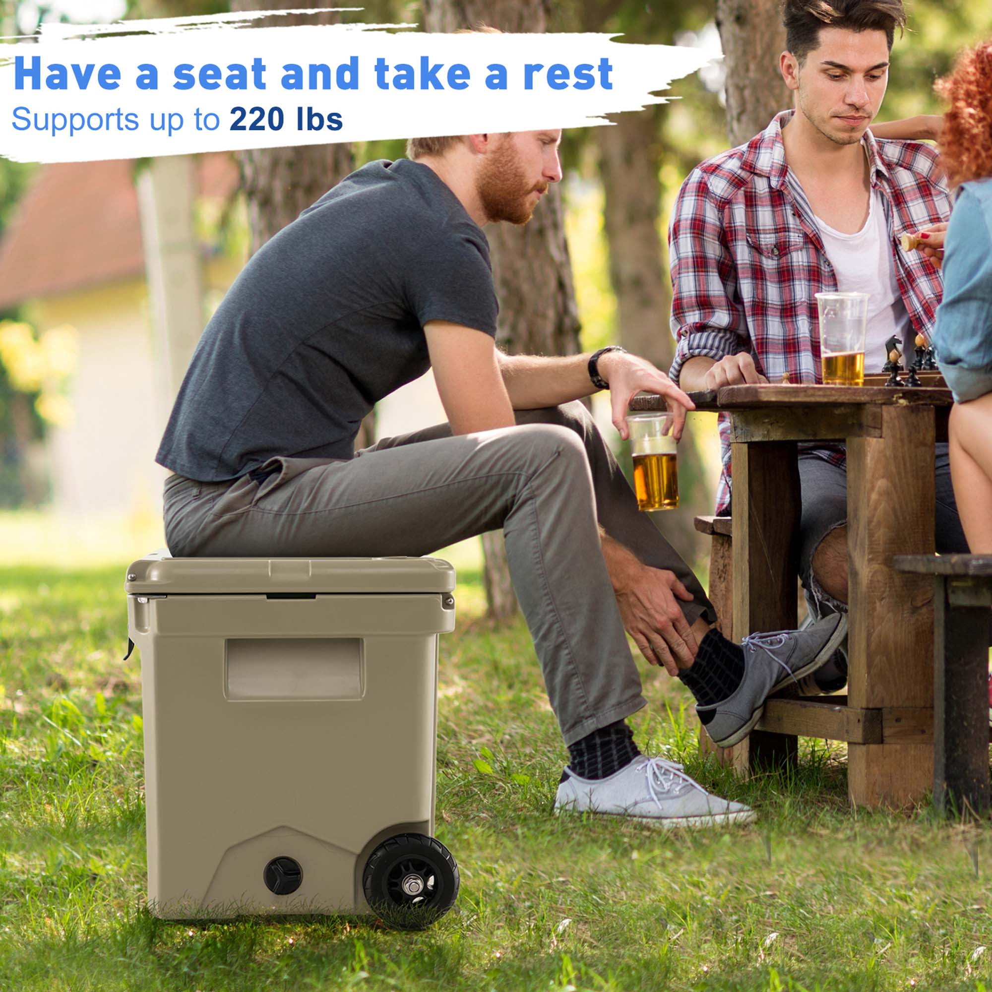 Costway 42 Qt Portable Cooler Roto Molded Ice Chest Insulated 5-7 Days with wheels Handle Tan