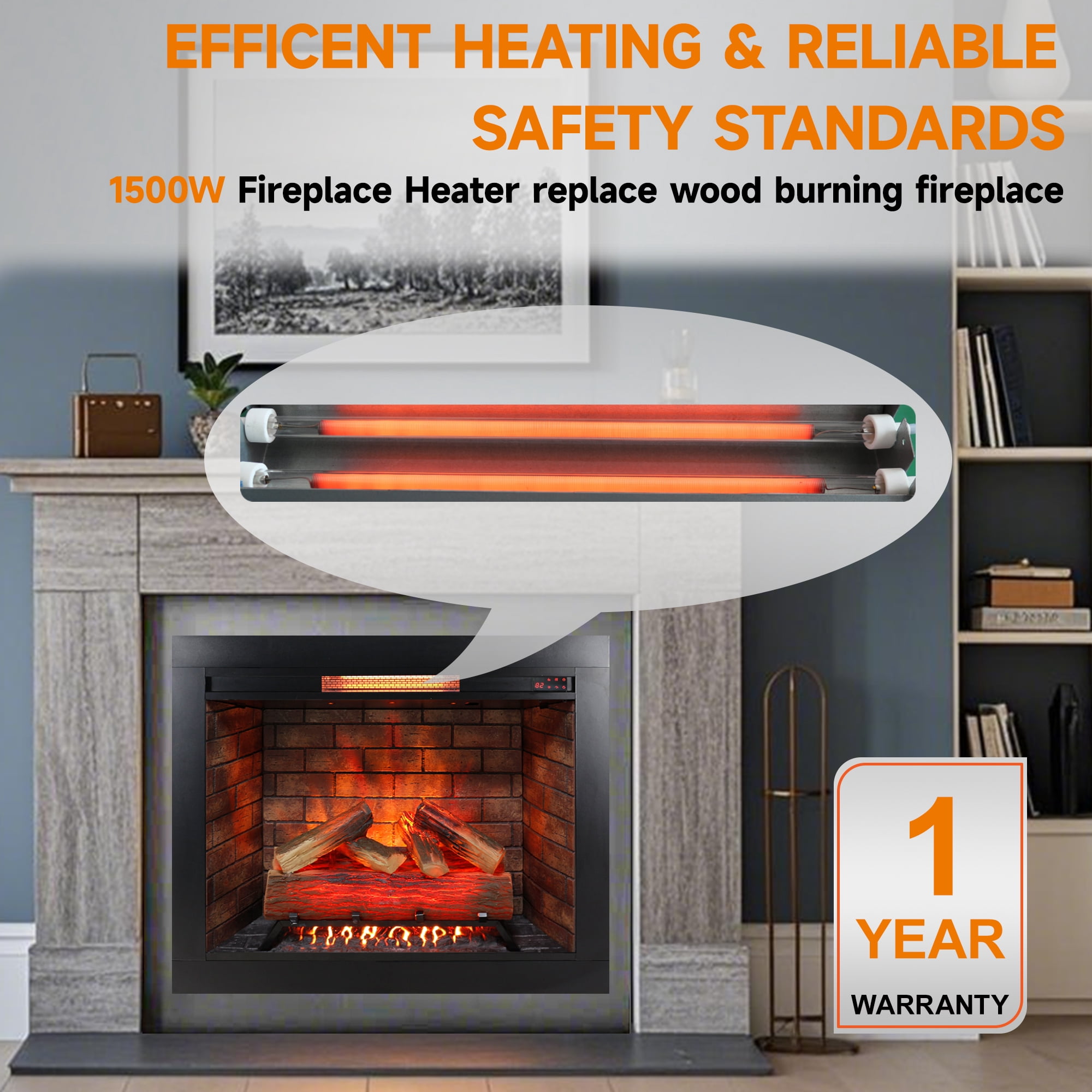 Innoflame 33" Electric Fireplace Insert with Fire Crackling Sound, Adjustable Flame/Temperature, Fireplace Heater with Remote/Timer, Removable Trim Kit, 1500W, Black
