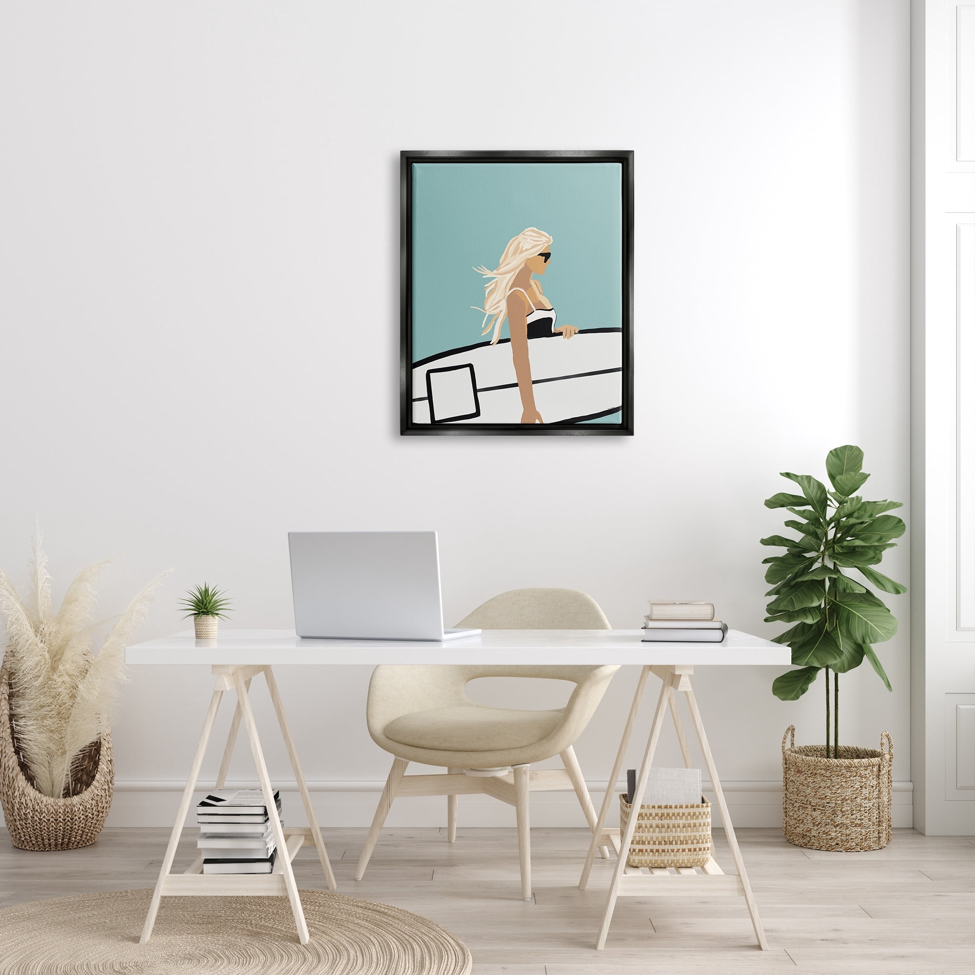 Stupell Industries Woman Carrying Surf Board Windblown Beach Hair Graphic Art Jet Black Floating Framed Canvas Print Wall Art, Design by Amelia Noyes