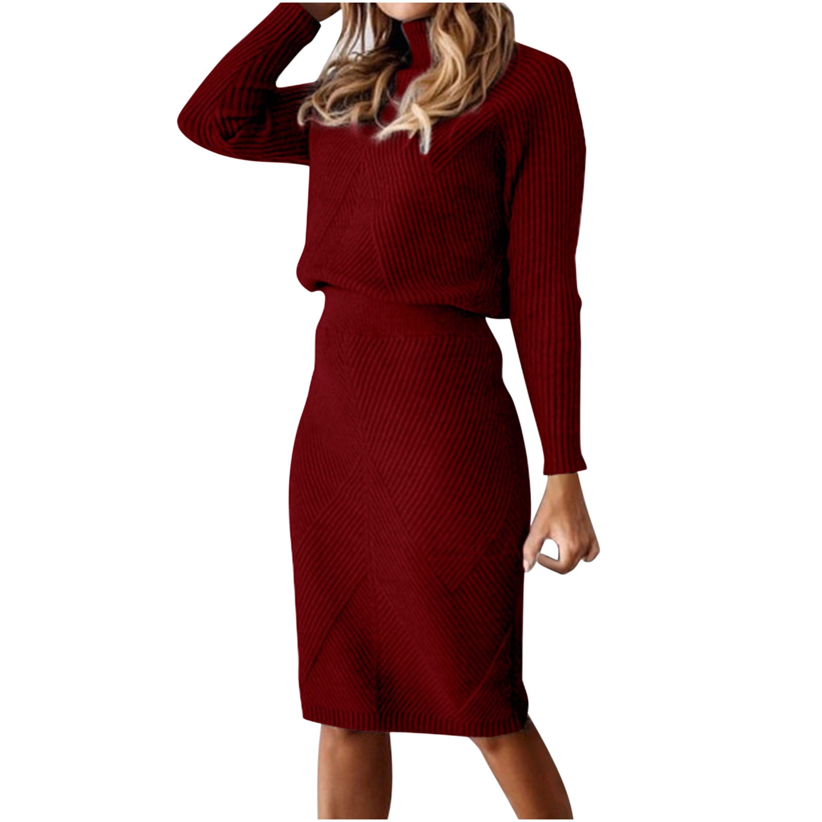 Women's High Collar Sweater Long Sleeve Half Body Suit Business Solid Color Formal Dress Fashion Slim A Word Knitted Dresses Two Sets