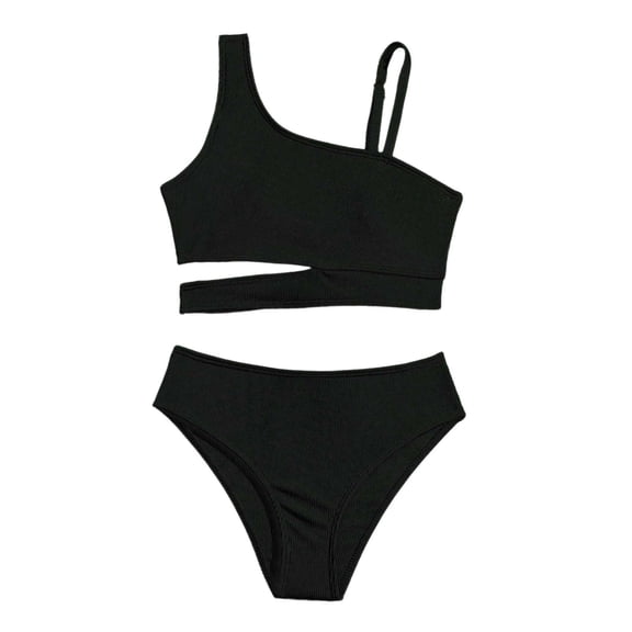 XUELUO Big Girls Swimsuits Ribbed Solid Color Two Piece Bikini Tail Set Summer Minimalist Swimwear For Pool Party & Beach Wear