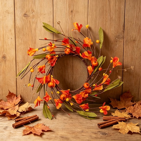 Fall Pumpkin Wreath with Floral Accents – Tabletop Centerpiece or Front Door Hanging Decor for Thanksgiving and Autumn Home Styling