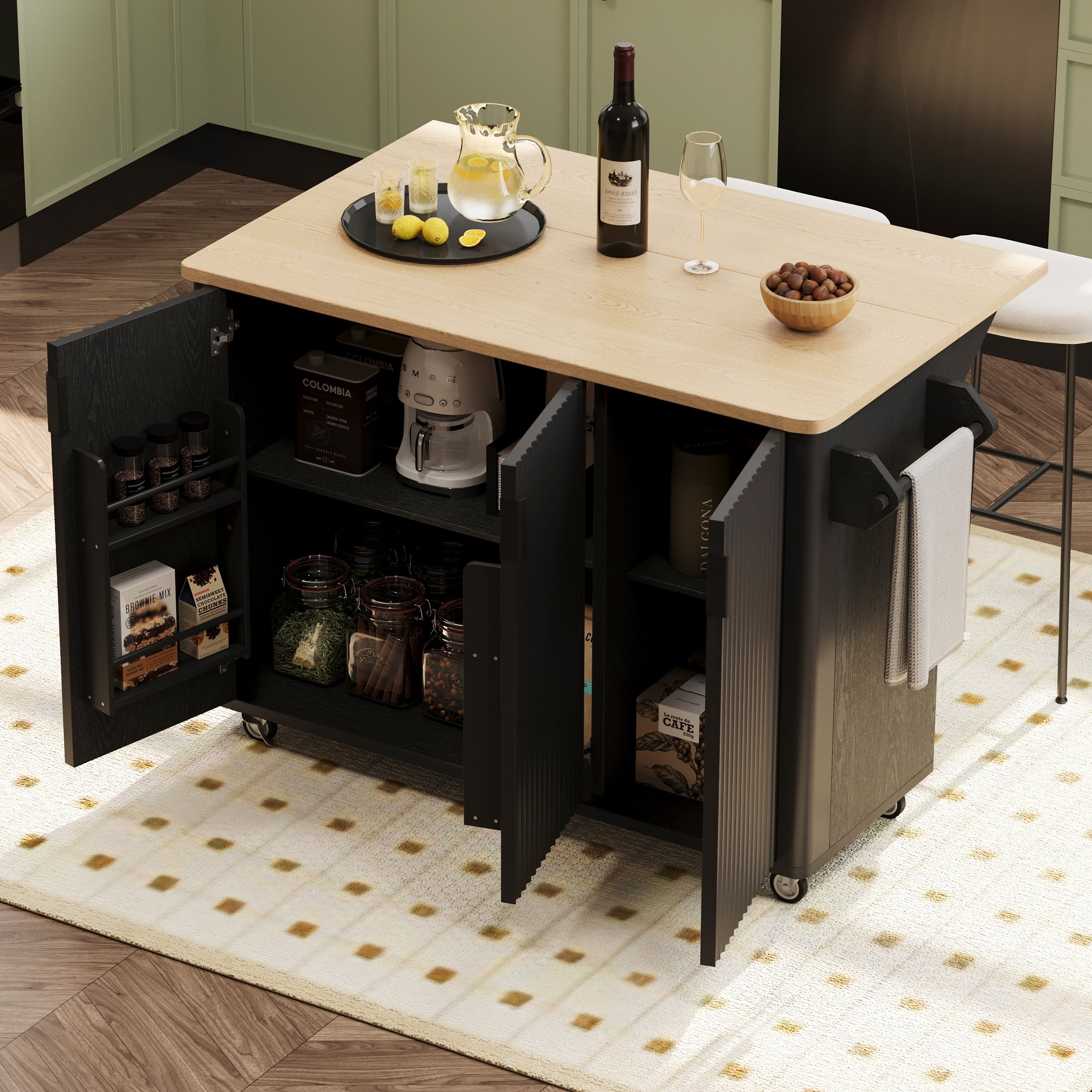 Euroco 51" Fluted Kitchen Island with Drop Leaf, Farmhouse Accent Kitchen Island on Wheels with Internal Storage Rack, Rolling Kitchen Cart with Towel Rack
