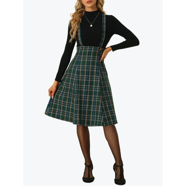 Vestido de cuadros INSPIRE CHIC para mujer, tirantes de tartán para Navidad, falda tipo pinafore, XS, verde