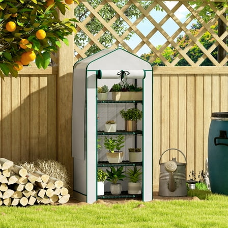 Outsunny 4 Tier Mini Greenhouse with Screen Roof, 27.6" x 19.7" x 62.2", Portable Small Greenhouse with High Strength PE Cover, White