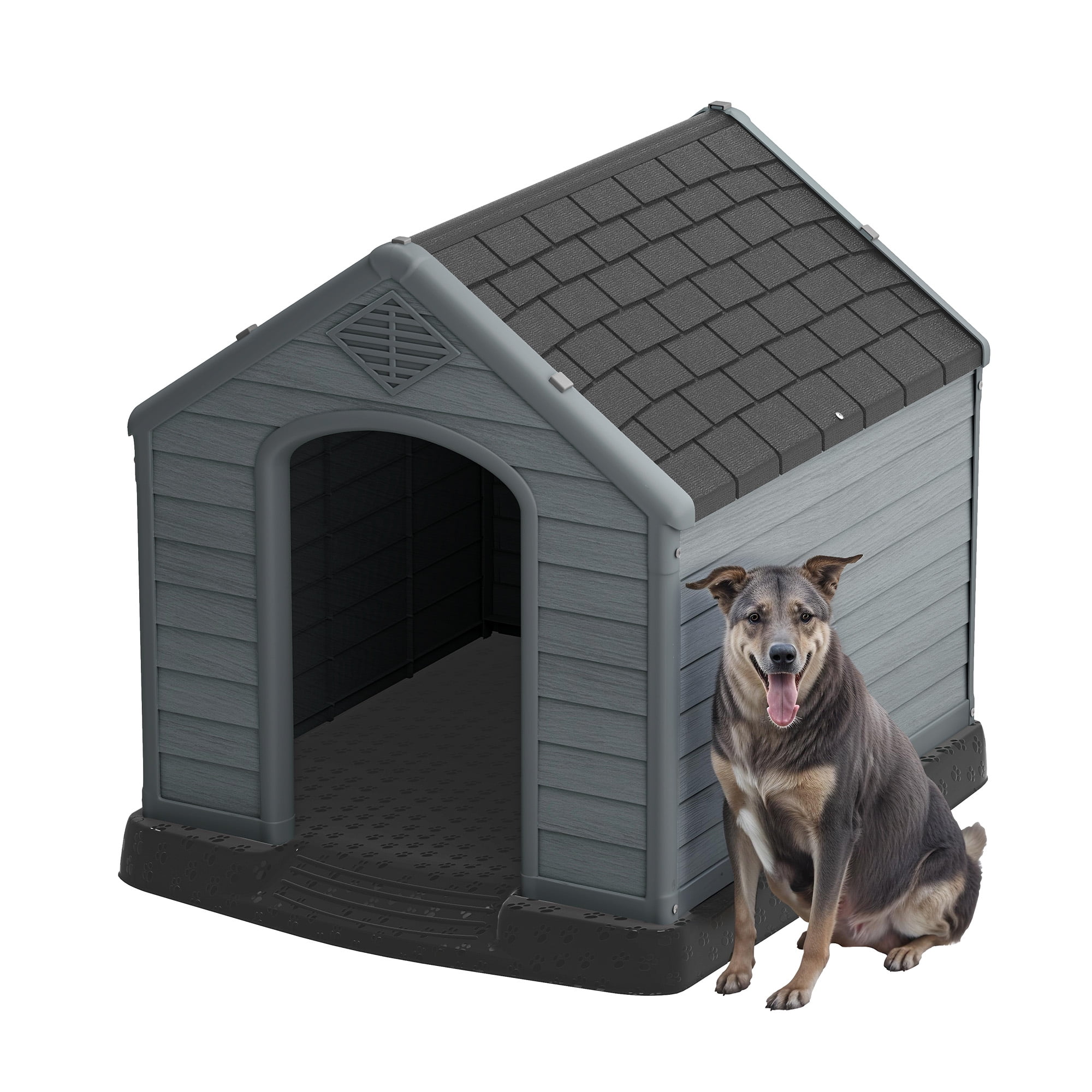 Uforic Large Waterproof Plastic Dog House with Air Vents and Elevated Floor, Outdoor Indoor Doghouse Puppy Shelter,Black+Gray,41''Lx 38''Wx 39''H