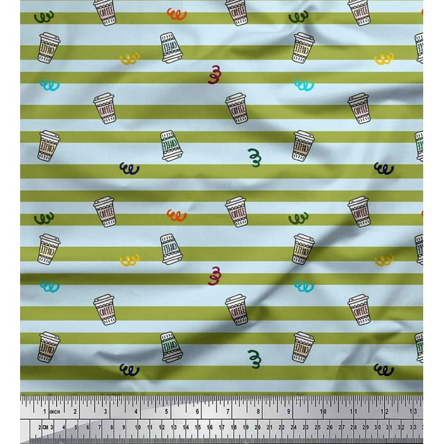Soimoi Green polyester Crepe Fabric Coffee Cup & Stripe Print Fabric by Yard 42 Inch Wide