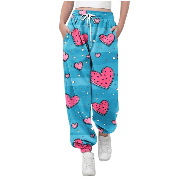 Pantalones largos para niños y niñas con estampado de cintura elástica y cordón con bolsillo, pantalones largos de cintura alta, pantalones de algodón para niña