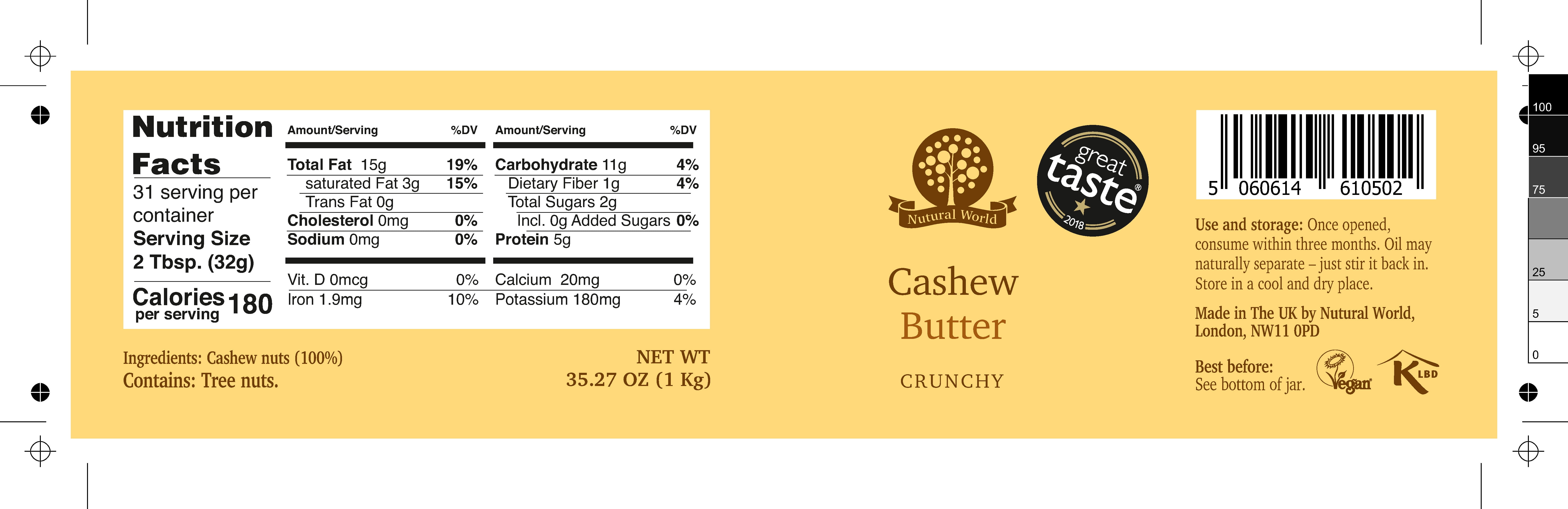 Nutural World - Crunchy Cashew Butter 35 oz (1kg) - Great Taste Award Winner - Pure 100% Single Ingredient