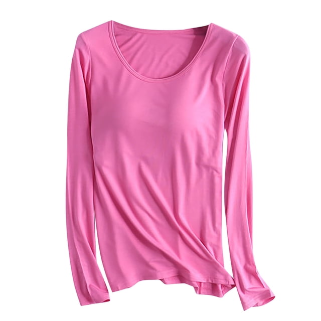 cfhntfmh Hauts de Pyjama Basiques à Manches Longues pour Femmes avec Soutien-Gorge Intégré, Encolure Dégagée, Confortables, Coupe Ajustée, Extensibles, Haut de Pyjama, Mode d'Automne, Loungewear Doux (Rose Vif, 4X-Grand)