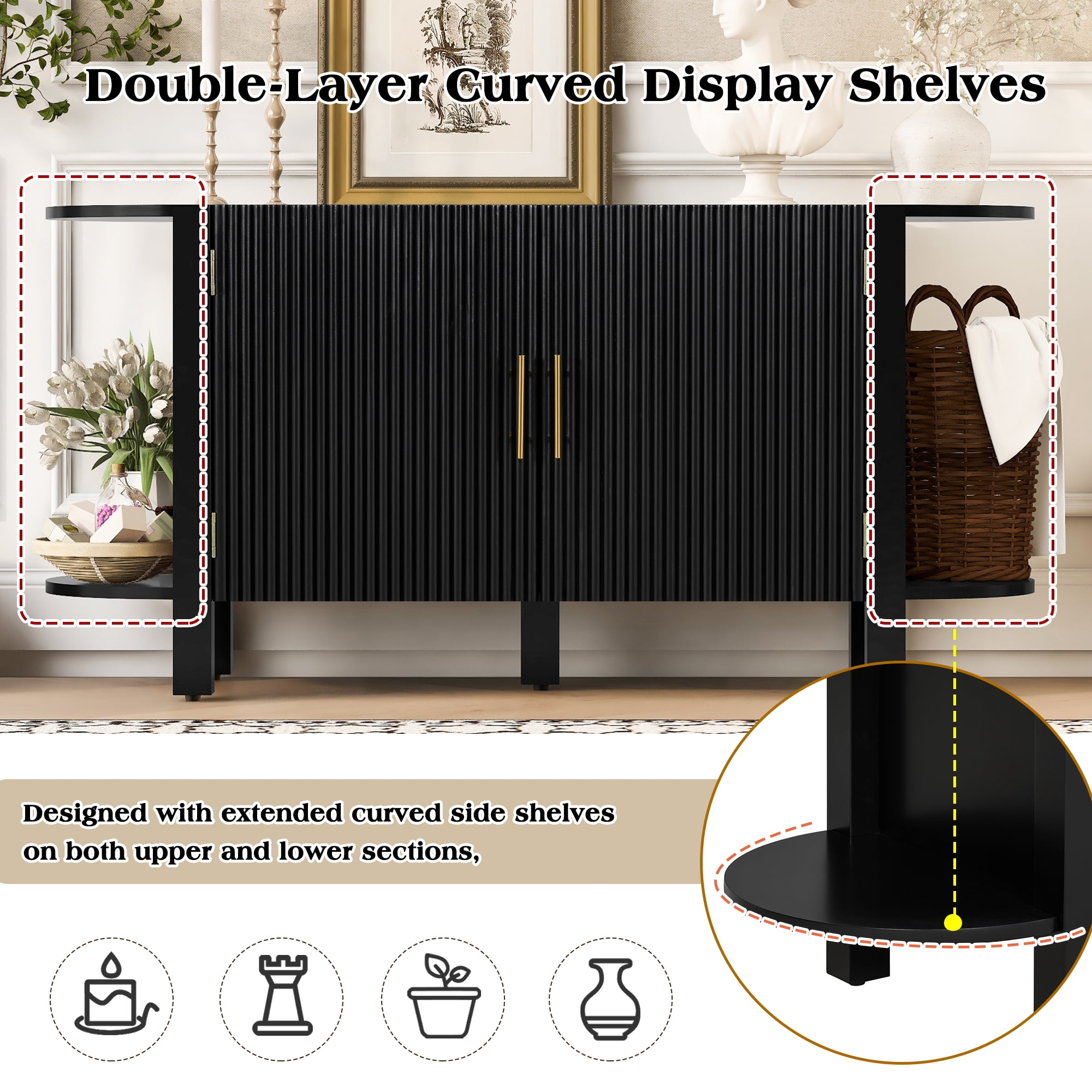 Euroco Sideboard Buffet Cabinet with Storage, 59.8" Mid Century Sideboard Cabinet with Double-layer Curved Extension Shelf & Metal Handle,Credenza Coffee Bar for Kitchen Living Room,Black