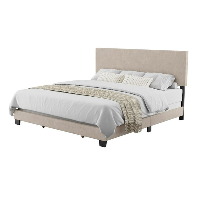 CorLiving Celeste modern king bed frame in beige upholstery featuring a tall headboard, box spring required.
