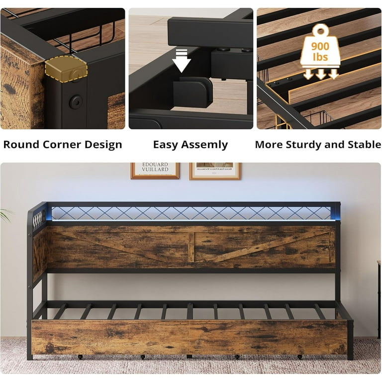 ANCTOR Twin Daybed With Storage Drawers, Corner Bed Frame With LED Lights And Charging Station For Living Room Bedroom And Guest Room White