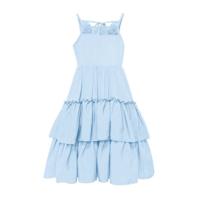 layered in lace swing dress Kiijoy Girls Lace Layered Maxi Dress Solid Color Spaghetti Strap Swing  Dress, Sizes 5-6