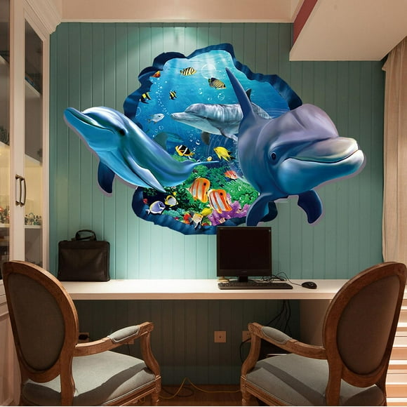 Kmbangi Removable Wall Stickers, Blue Dolphin 3D Effect Wallpaper for Bedroom Home Decoration