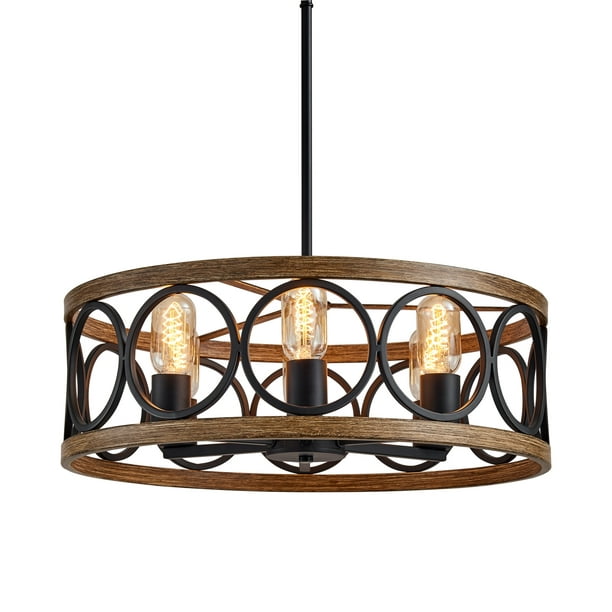 Q&S 6Lights Modern Farmhouse Drum Model Chandelier Black and Retro