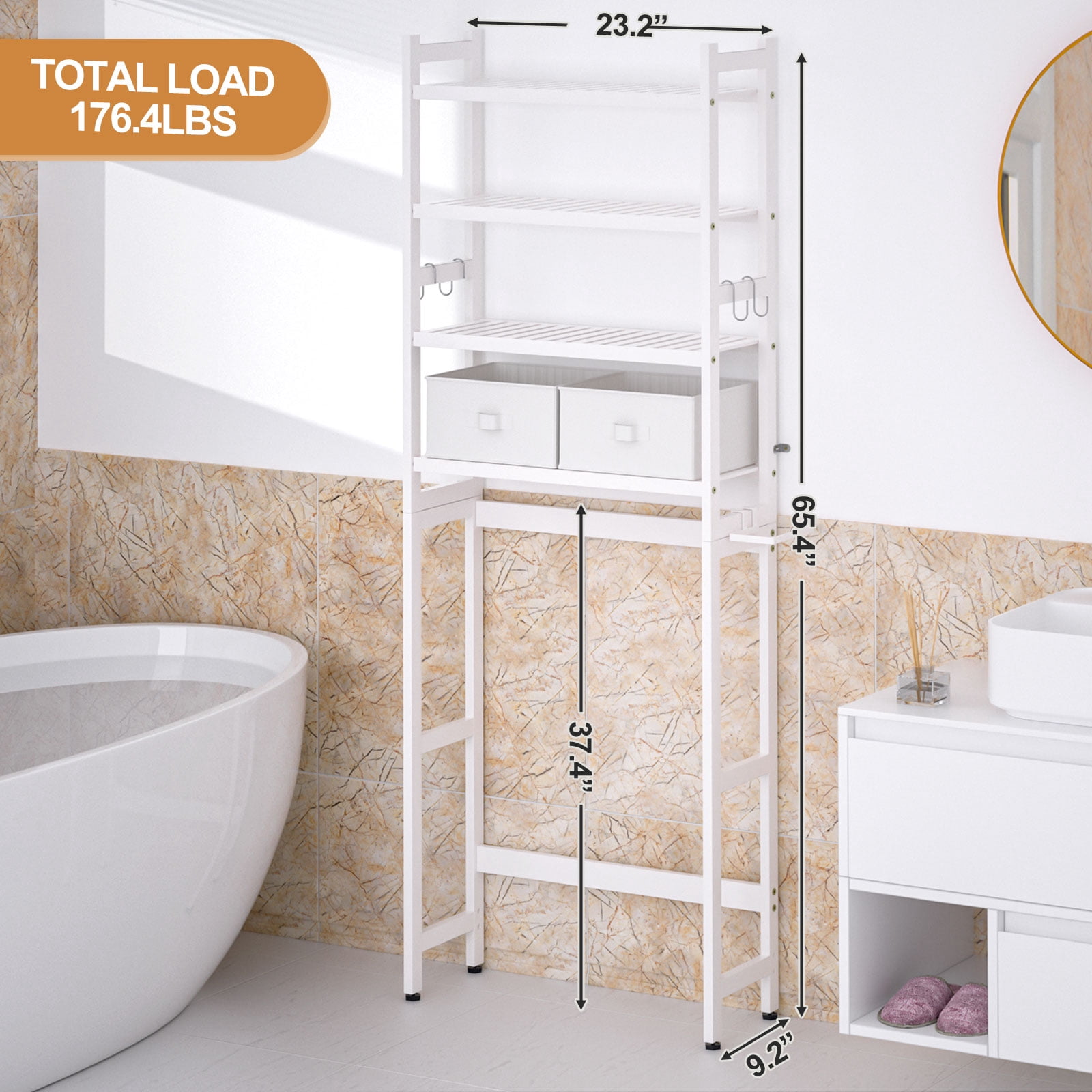 Enogets Over the Toilet Storage, Bamboo Bathroom Shelf Organizer with 2 Baskets & 4 Hooks, 4-Tier Space Saver