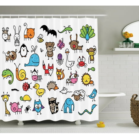 Doodle Shower Curtain, Collection of Cartoon Style Animals Drawn in Child Friendly Manner Cute Adorable Fun, Fabric Bathroom Set with Hooks, 69W X 70L Inches, Multicolor, by Ambesonne