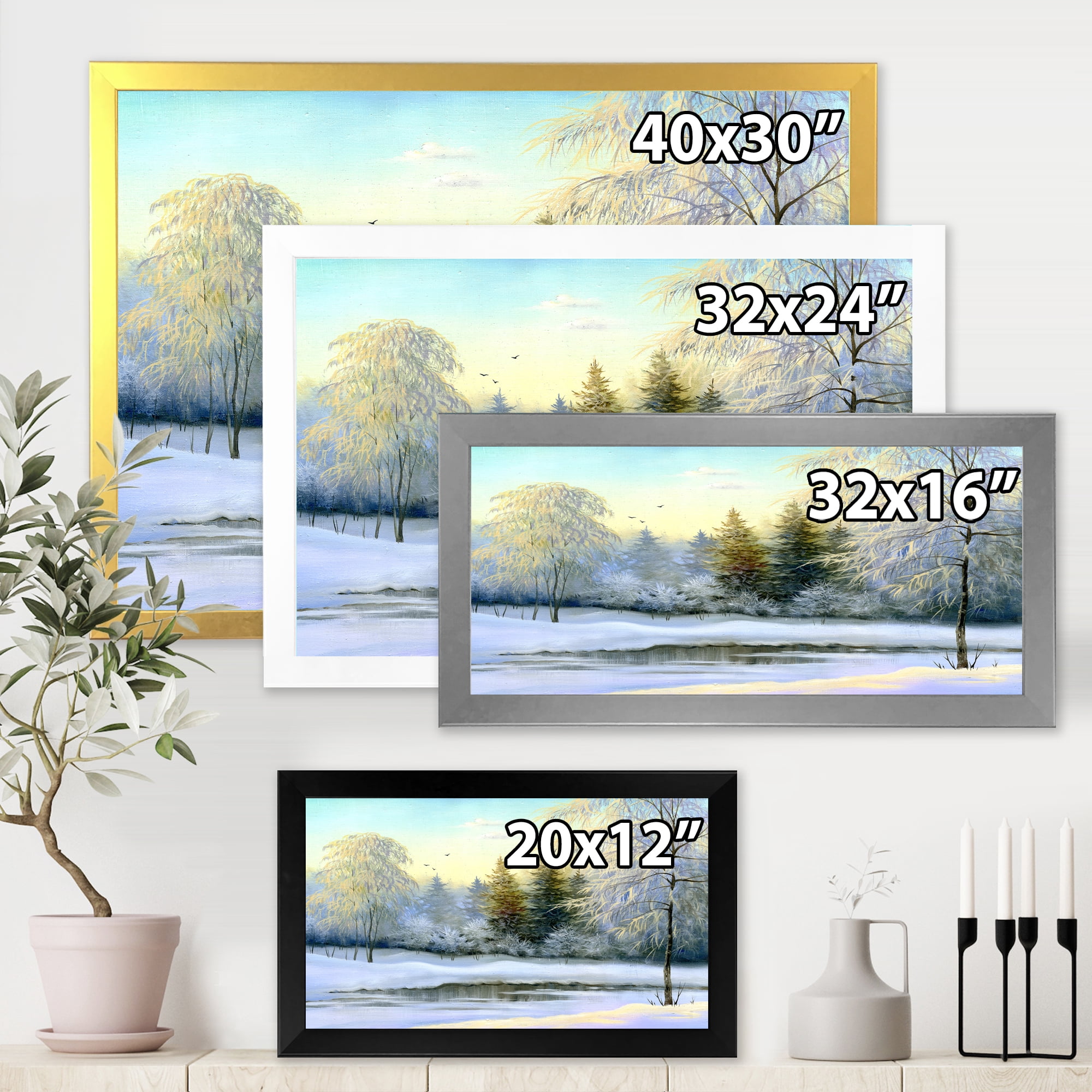 Designart 'Green Trees In Beautiful Winter Snow Landscape' Traditional Framed Art Print