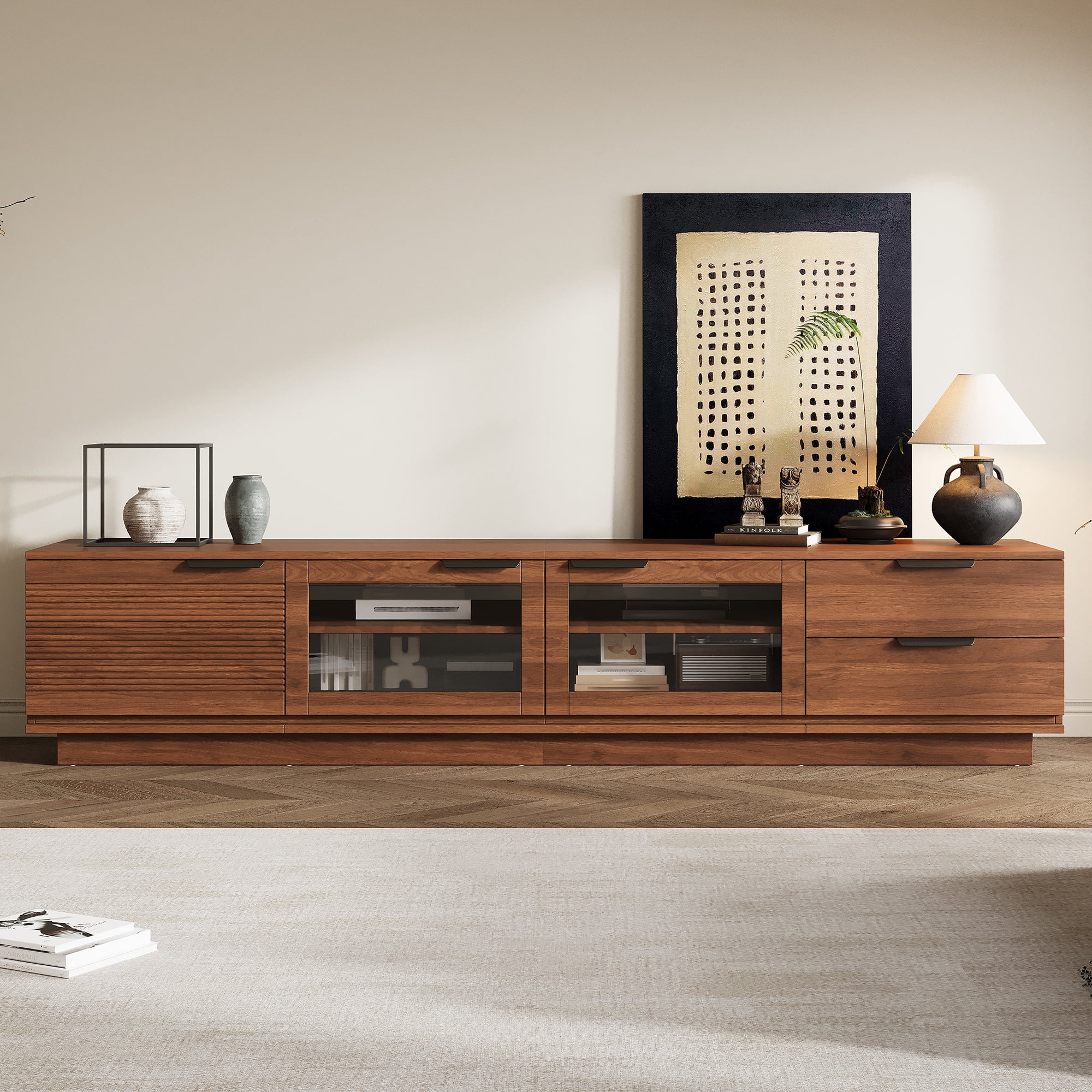 TV Stand for TVs up to 85 Inch, Entertainment Center with Glass Doors & 2 Drawers, Media Console with Soft-Close Hinges & Cable Management for Living Room