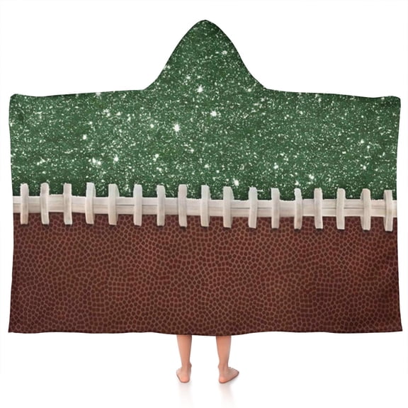 Green and Brown Football Stitch Pattern Hooded Bath Towel，50"x30" for Ages 3 To 12 Kids, Quick Dry Lightweight Soft Microfiber Hood Beach Towel Cover Up for Kids